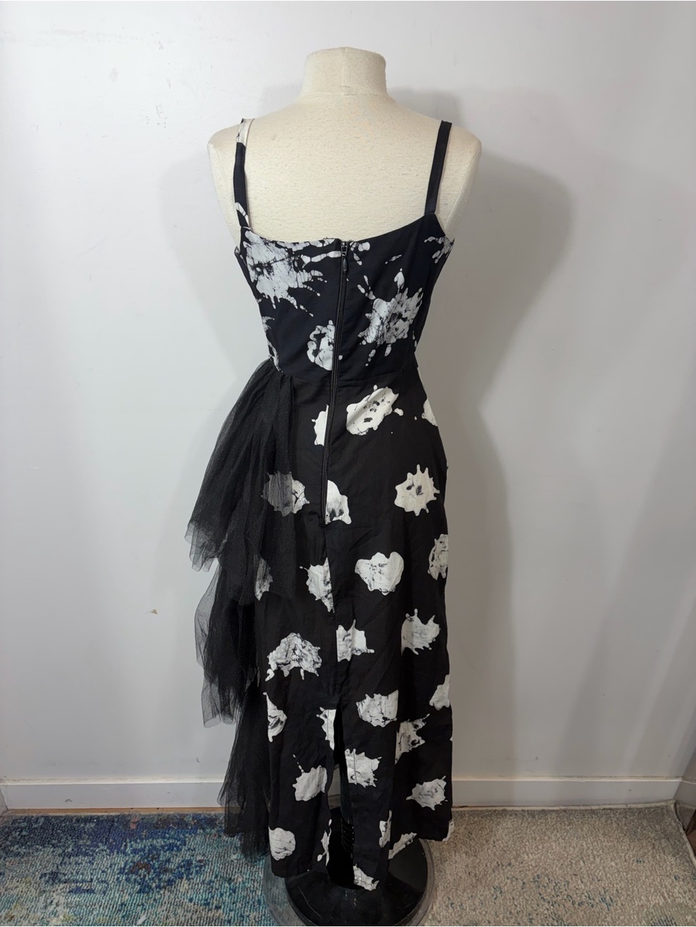 BUSAYO Black & White Abstract Print Midi Dress Tulle Ruffle Side Size S - Picture 6 of 11